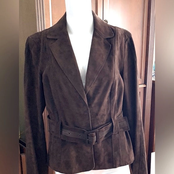 Desa brand cocoa brown color real Suede Leather Blazer with belt Eu Large US L - Picture 3 of 16